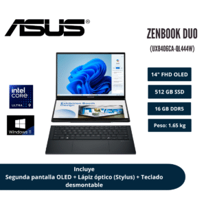GTF474277 LAPTOP ASUS ZENBOOK DUO 14" FHD OLED TÁCTIL DUAL SCREEN CORE ULTRA 9 285H 16GB LPDDR5X 512GB SSD INKWELL GRAY WINDOWS 11 HOME 90NB14X1-M00TL0