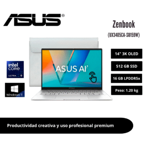 GTF484665 LAPTOP ASUS ZENBOOK 14" 3K OLED TÁCTIL 120HZ CORE ULTRA 9 285H 16GB LPDDR5X 512GB SSD FOGGY SILVER WINDOWS 11 HOME 90NB14W4-M02950